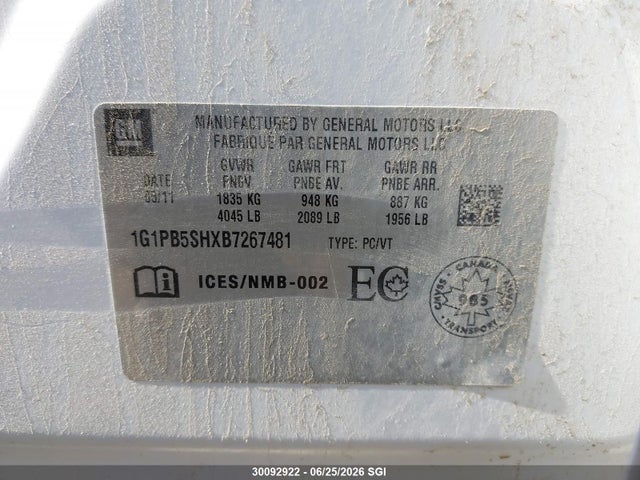 30092922 :رقم المزاد ، 1G1PB5SHXB7267481 vin ، 2011 Chevrolet Cruze Ls مزاد بيع