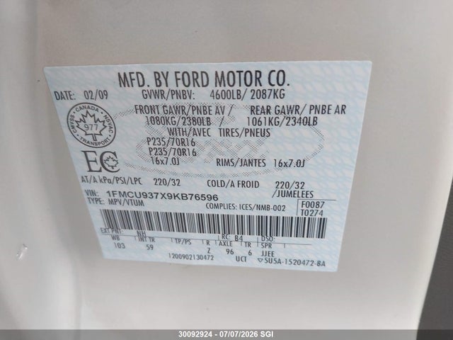 Продаж на аукціоні авто 2009 Ford Escape Xlt, vin: 1FMCU937X9KB76596, номер лоту: 30092924
