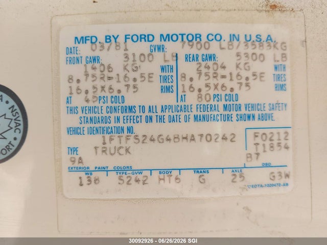 Продаж на аукціоні авто 1981 Ford Econoline S250 Super Duty Van, vin: 1FTFS24G4BHA70242, номер лоту: 30092926