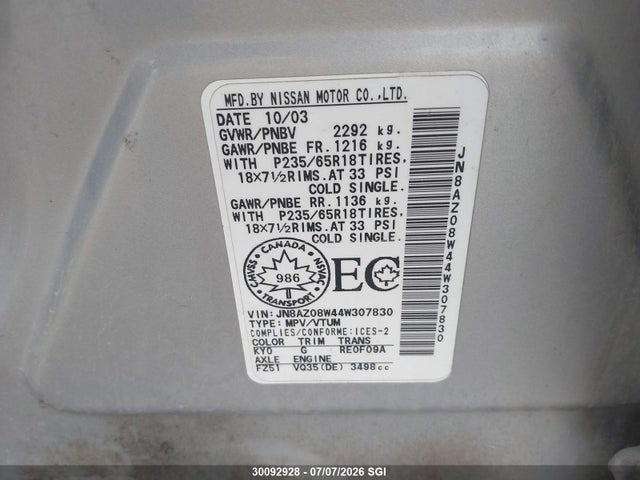 30092928 :رقم المزاد ، JN8AZ08W44W307830 vin ، 2004 Nissan Murano Sl/se مزاد بيع