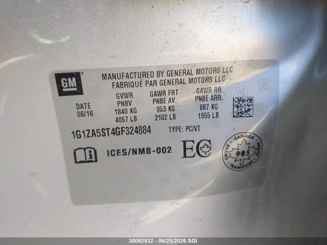 30092932 :رقم المزاد ، 1G1ZA5ST4GF324884 vin ، 2016 Chevrolet Malibu L مزاد بيع