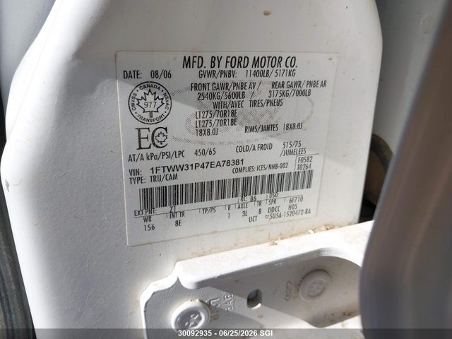 30092935 :رقم المزاد ، 1FTWW31P47EA78381 vin ، 2007 Ford F350 Srw Super Duty مزاد بيع