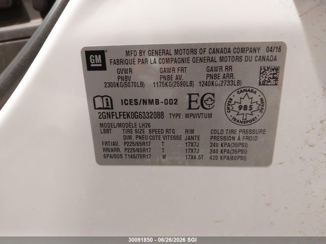 Продажа на аукционе авто 2016 Chevrolet Equinox Lt, vin: 2GNFLFEK0G6332088, номер лота: 30091850