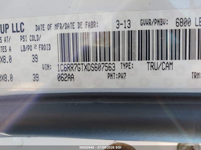 2013 Ram 1500 Slt მანქანა იყიდება აუქციონზე, vin: 1C6RR7GTXDS607563, აუქციონის ნომერი: 30092949