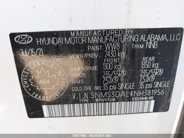 Продаж на аукціоні авто 2022 Hyundai Santa Fe Sel, vin: 5NMS3DAL4NH381956, номер лоту: 30077686