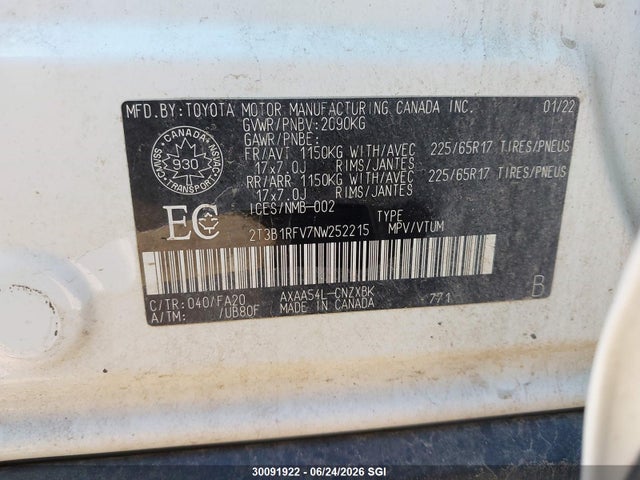 2022 Toyota Rav4 Le მანქანა იყიდება აუქციონზე, vin: 2T3B1RFV7NW252215, აუქციონის ნომერი: 30091922