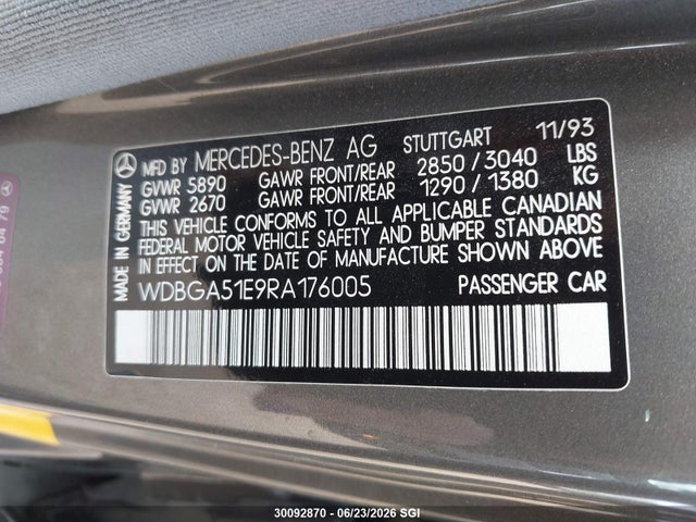 Auction sale of the 1994 Mercedes-benz S 500, vin: WDBGA51E9RA176005, lot number: 30092870