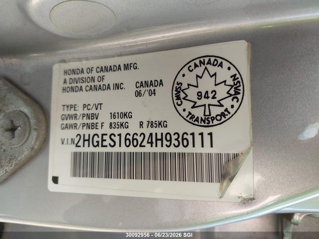 Продаж на аукціоні авто 2004 Honda Civic Lx, vin: 2HGES16624H936111, номер лоту: 30092956