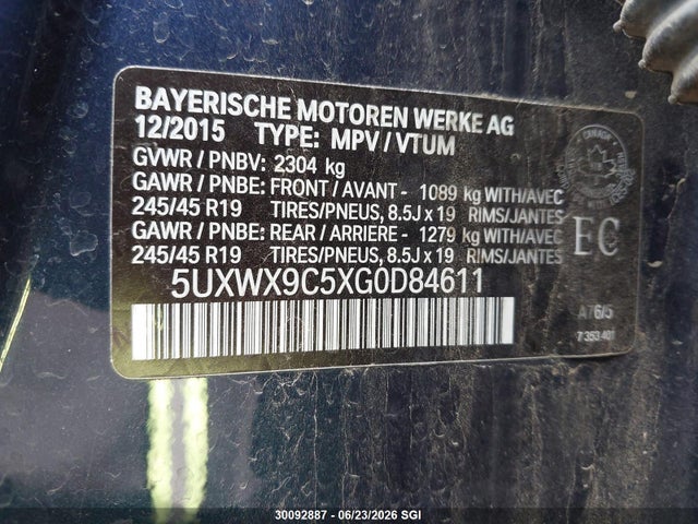 Aukcja sprzedaży 2016 Bmw X3 Xdrive28i, vin: 5UXWX9C5XG0D84611, numer aukcji: 30092887