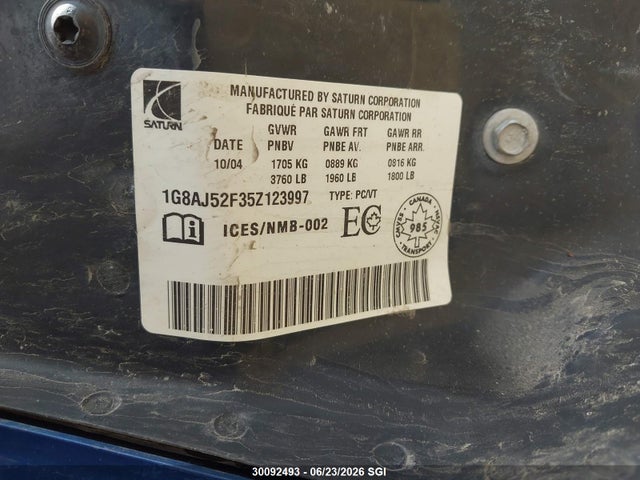 Продажа на аукционе авто 2005 Saturn Ion Level 2, vin: 1G8AJ52F35Z123997, номер лота: 30092493