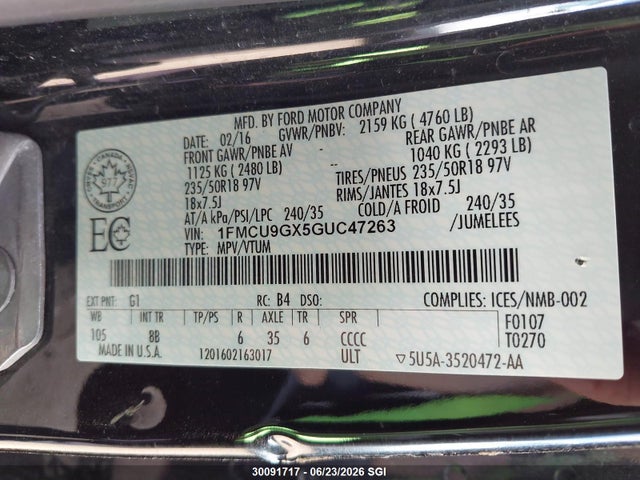Ford ESCAPE SE 2016 1FMCU9GX5GUC47263 Image 9