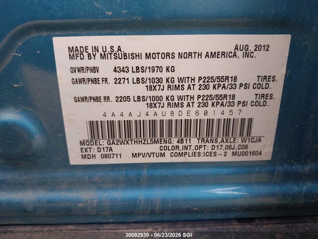 30092930 :رقم المزاد ، 4A4AJ4AU8DE601457 vin ، 2013 Mitsubishi Rvr Gt مزاد بيع