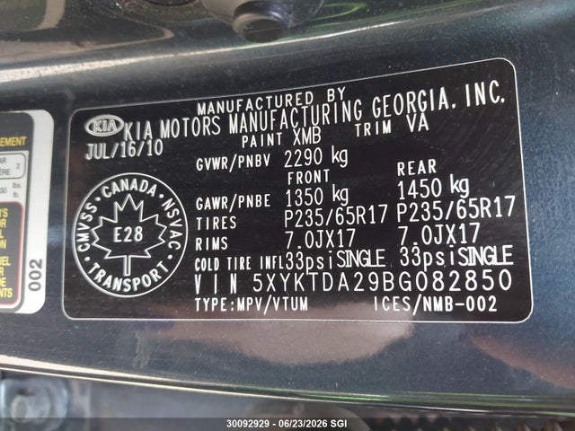 Продаж на аукціоні авто 2011 Kia Sorento Lx, vin: 5XYKTDA29BG082850, номер лоту: 30092929
