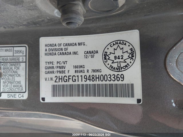 Продаж на аукціоні авто 2008 Honda Civic Exl, vin: 2HGFG11948H003369, номер лоту: 30091113