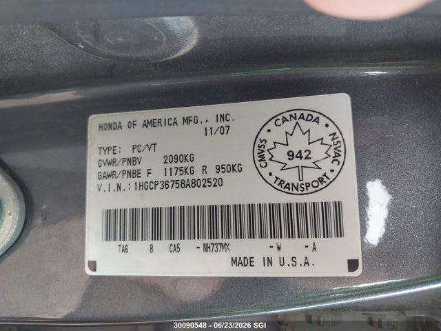 2008 Honda Accord Ex მანქანა იყიდება აუქციონზე, vin: 1HGCP36758A802520, აუქციონის ნომერი: 30090548