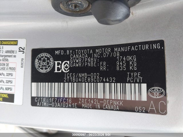 2009 Toyota Corolla S/le/xle მანქანა იყიდება აუქციონზე, vin: 2T1BU40E89C074432, აუქციონის ნომერი: 30092097