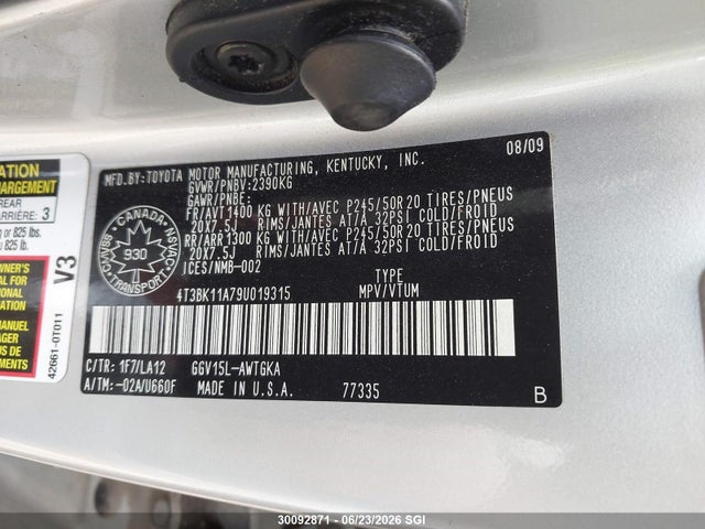 2009 Toyota Venza მანქანა იყიდება აუქციონზე, vin: 4T3BK11A79U019315, აუქციონის ნომერი: 30092871