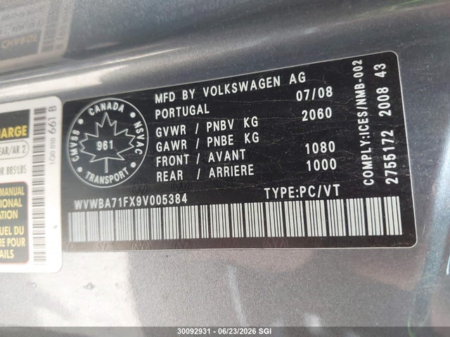 2009 Volkswagen Eos 2.0 Tsi Trendline მანქანა იყიდება აუქციონზე, vin: WVWBA71FX9V005384, აუქციონის ნომერი: 30092931