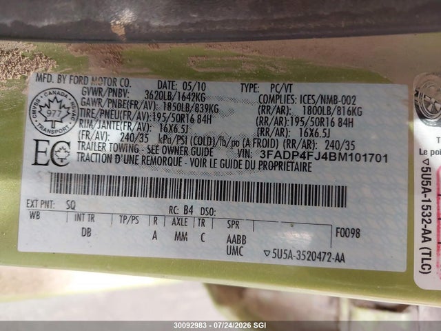 Продаж на аукціоні авто 2011 Ford Fiesta Ses, vin: 3FADP4FJ4BM101701, номер лоту: 30092983