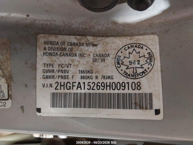 Продаж на аукціоні авто 2009 Honda Civic Dx, vin: 2HGFA15269H009108, номер лоту: 30092839