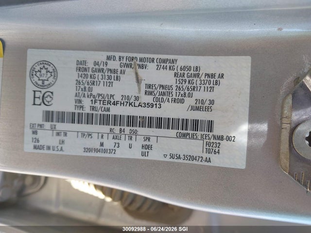 30092988 :رقم المزاد ، 1FTER4FH7KLA35913 vin ، 2019 Ford Ranger Xl/xlt/lariat مزاد بيع