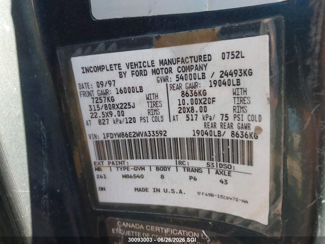 30093003 :رقم المزاد ، 1FDYW86E2WVA33592 vin ، 1998 Ford H-series Lt8501 مزاد بيع