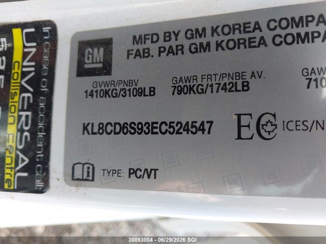 Aukcja sprzedaży 2014 Chevrolet Spark 1lt, vin: KL8CD6S93EC524547, numer aukcji: 30093004
