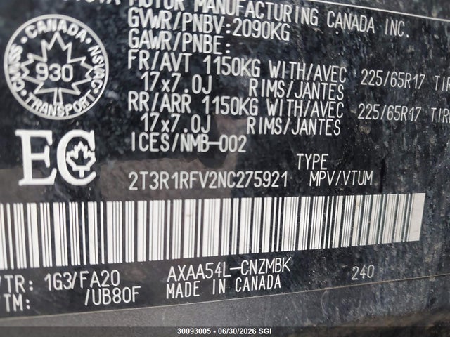 2022 Toyota Rav4 Xle/xle Premium მანქანა იყიდება აუქციონზე, vin: 2T3R1RFV2NC275921, აუქციონის ნომერი: 30093005