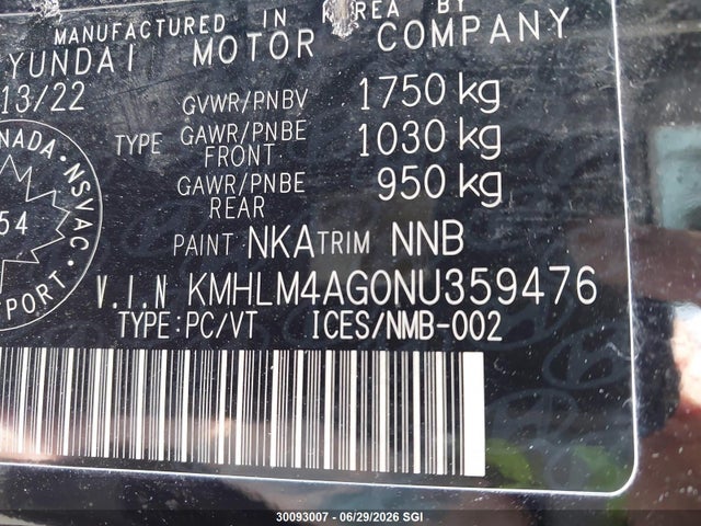 KMHLM4AG0NU359476 Hyundai ELANTRA SEL