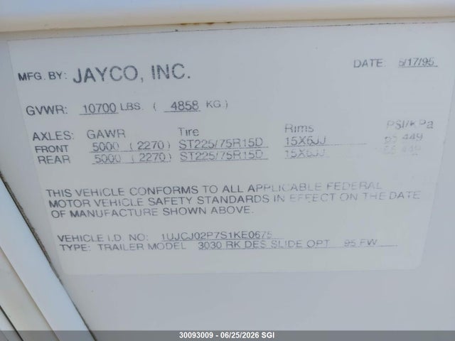 Aukcja sprzedaży 1995 Jayco Designer, vin: 1UJCJ02P7S1KE0675, numer aukcji: 30093009
