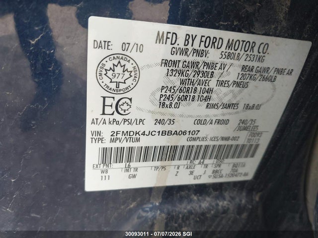30093011 :رقم المزاد ، 2FMDK4JC1BBA06107 vin ، 2011 Ford Edge Sel مزاد بيع