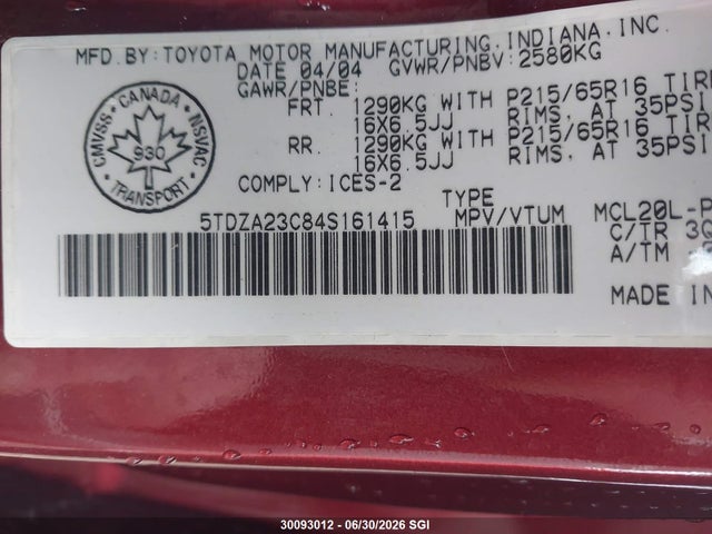 2004 Toyota Sienna Ce/le მანქანა იყიდება აუქციონზე, vin: 5TDZA23C84S161415, აუქციონის ნომერი: 30093012