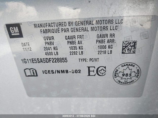 Продажа на аукционе авто 2013 Chevrolet Malibu 2lt, vin: 1G11E5SA5DF228855, номер лота: 30093013