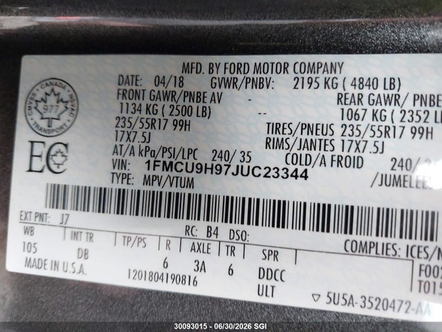 Ford ESCAPE SEL 2018 1FMCU9H97JUC23344 Image 9