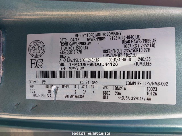 30092378 :رقم المزاد ، 1FMCU9H98DUD44128 vin ، 2013 Ford Escape Sel مزاد بيع