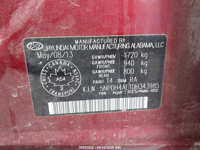 Продаж на аукціоні авто 2013 Hyundai Elantra Gls/limited, vin: 5NPDH4AE1DH343985, номер лоту: 30093022