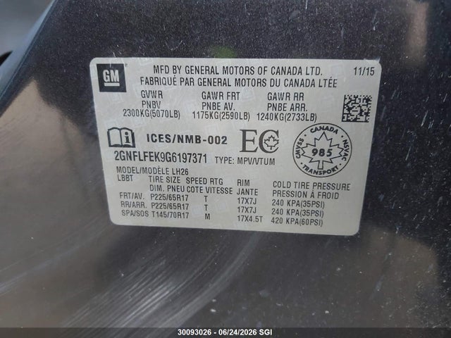 30093026 :رقم المزاد ، 2GNFLFEK9G6197371 vin ، 2016 Chevrolet Equinox Lt مزاد بيع