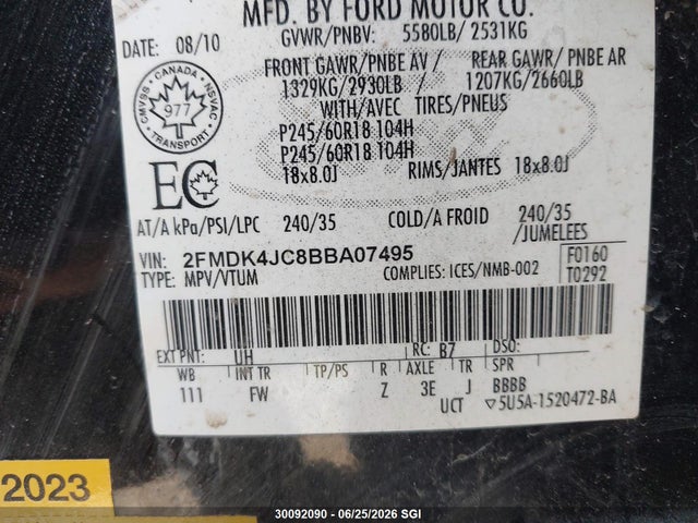 30092090 :رقم المزاد ، 2FMDK4JC8BBA07495 vin ، 2011 Ford Edge Sel مزاد بيع