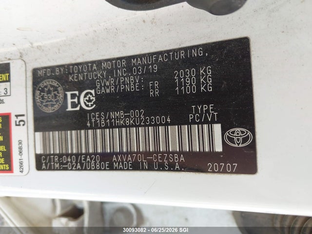 30093082 :رقم المزاد ، 4T1B11HK8KU233004 vin ، 2019 Toyota Camry Se مزاد بيع