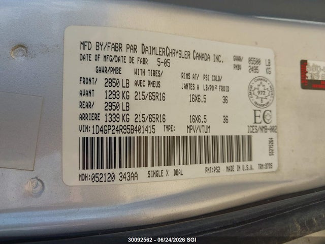 Продаж на аукціоні авто 2005 Dodge Grand Caravan, vin: 1D4GP24R95B401415, номер лоту: 30092562