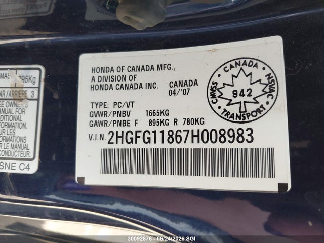 2007 Honda Civic Ex მანქანა იყიდება აუქციონზე, vin: 2HGFG11867H008983, აუქციონის ნომერი: 30092876