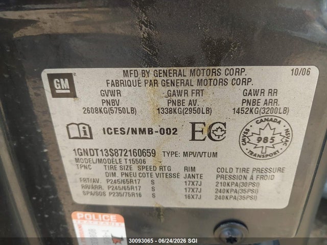 30093065 :رقم المزاد ، 1GNDT13S872160659 vin ، 2007 Chevrolet Trailblazer Ls/lt مزاد بيع