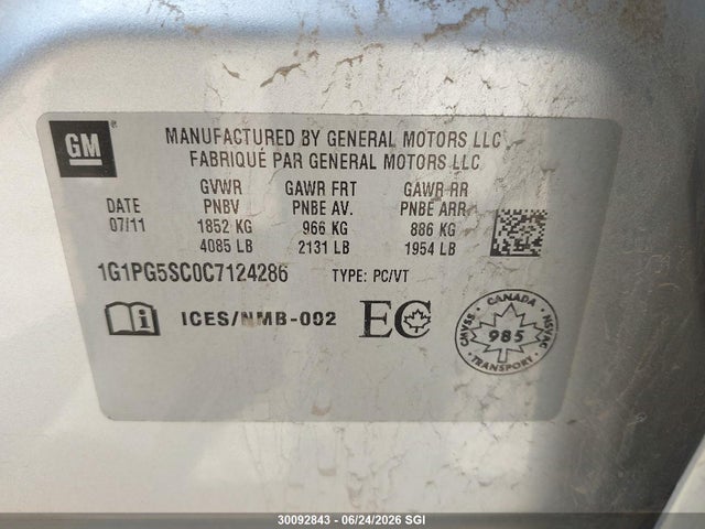 30092843 :رقم المزاد ، 1G1PG5SC0C7124286 vin ، 2012 Chevrolet Cruze Lt مزاد بيع