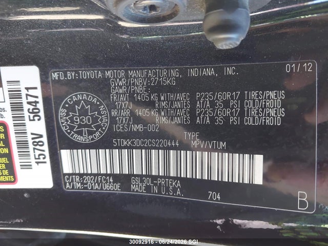 30092916 :رقم المزاد ، 5TDKK3DC2CS220444 vin ، 2012 Toyota Sienna Le مزاد بيع