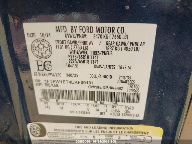 30093060 :رقم المزاد ، 1FTFW1ET4EKF99191 vin ، 2014 Ford F150 Supercrew مزاد بيع