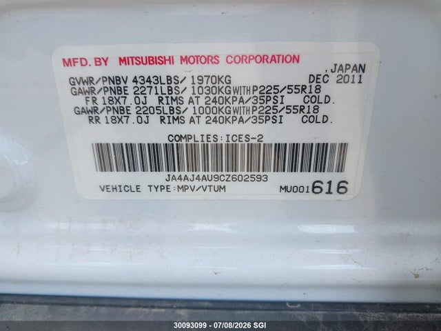 Продажа на аукционе авто 2012 Mitsubishi Rvr Gt, vin: JA4AJ4AU9CZ602593, номер лота: 30093099