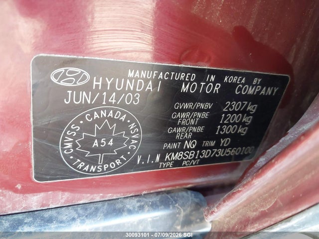 30093101 :رقم المزاد ، KM8SB13D73U560100 vin ، 2003 Hyundai Santa Fe مزاد بيع
