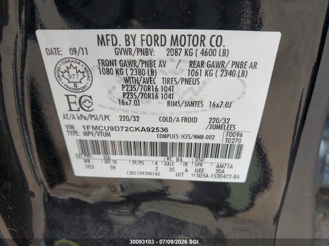 30093103 :رقم المزاد ، 1FMCU9D72CKA92536 vin ، 2012 Ford Escape Xlt مزاد بيع