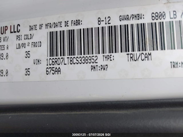 Aukcja sprzedaży 2012 Dodge Ram 1500 Slt, vin: 1C6RD7LT8CS338952, numer aukcji: 30093125