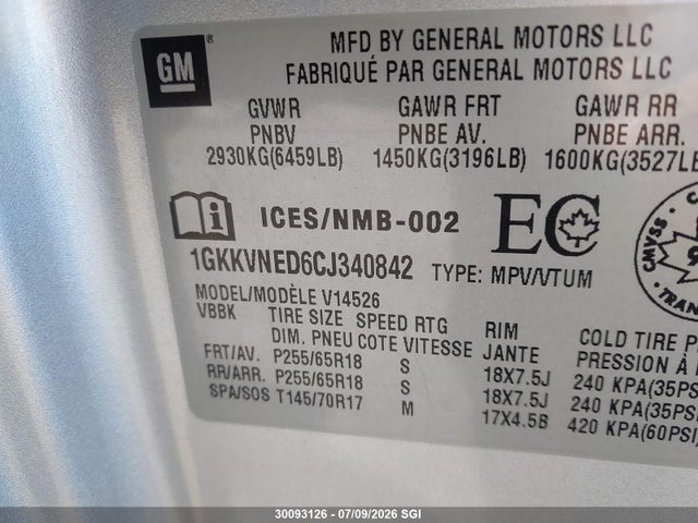Продаж на аукціоні авто 2012 Gmc Acadia Sle, vin: 1GKKVNED6CJ340842, номер лоту: 30093126